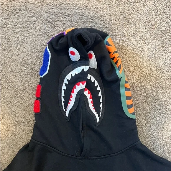 Bape Black Shark-Print Crewneck Hoodie with Multicolor Accents